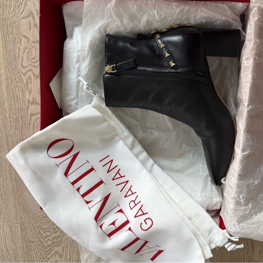 Valentino Garavani Black Ankle Booties with Gold Studs